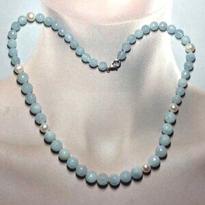 Natural Faceted Blue Celestite Quartz with Freshwater Ringed Pearls Necklace.